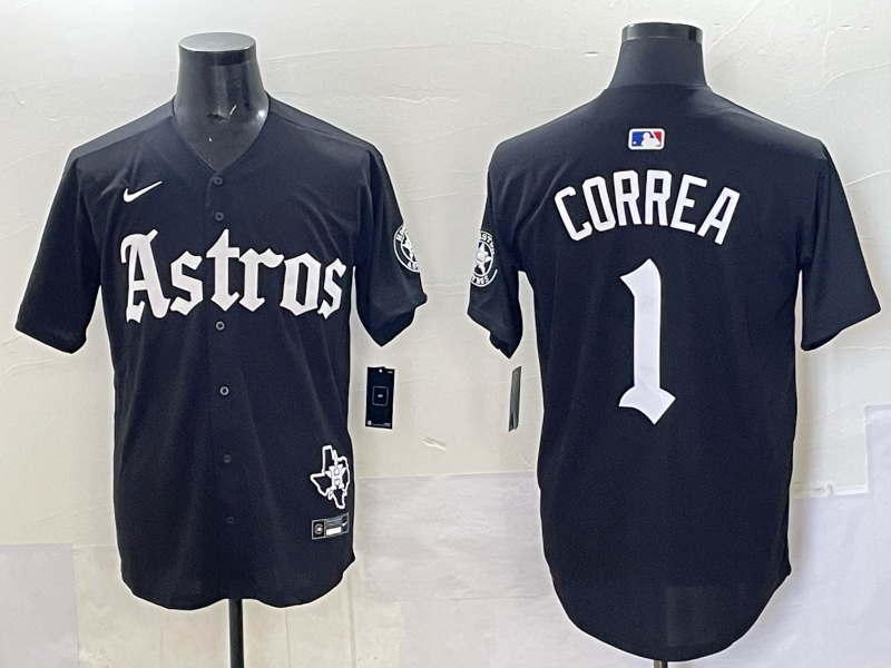 Men 2025 Houston Astros 1 Correa black Game Nike MLB Jersey style 0036